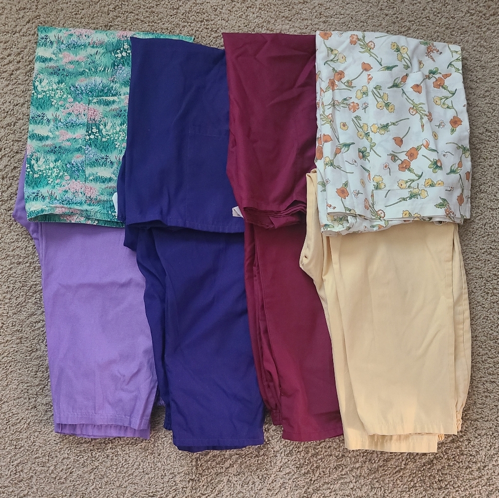 Bundle Of 4 Nursing Scrubs Size M Lavender, Purple, Burgundy, Yellow & Floral
